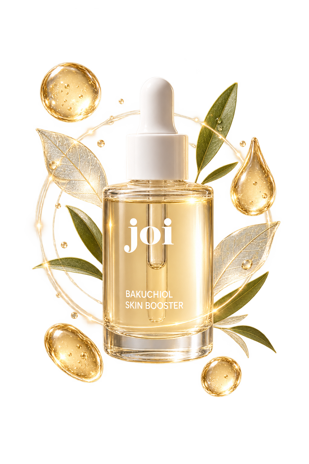 Joi Bakuchiol Skin Booster surrounded by golden serum droplets and botanical leaves